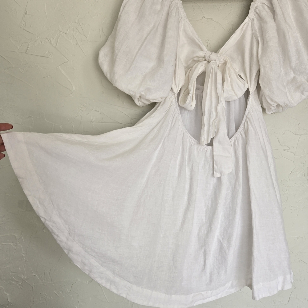 Showpo. Amalie Linen Tie Back Puff Sleeve White Dress, 12 - Picture 10 of 14
